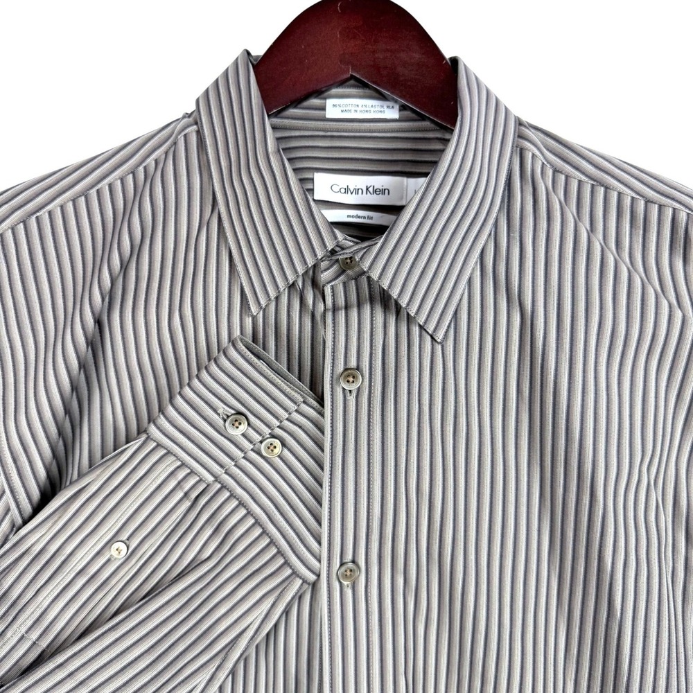 Calvin Klein Button Down Shirt Mens‎ Large Grey Striped Modern Fit Dark Academia